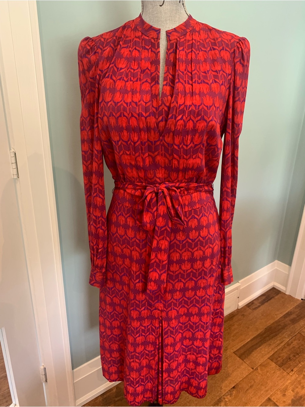 Tory Burch Red and Purple Tie-Waist Long Sleeve Dress